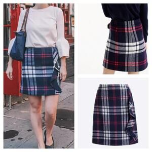 J. Crew Ruffle-front mini skirt in double-serge wool plaid size 8T Tall